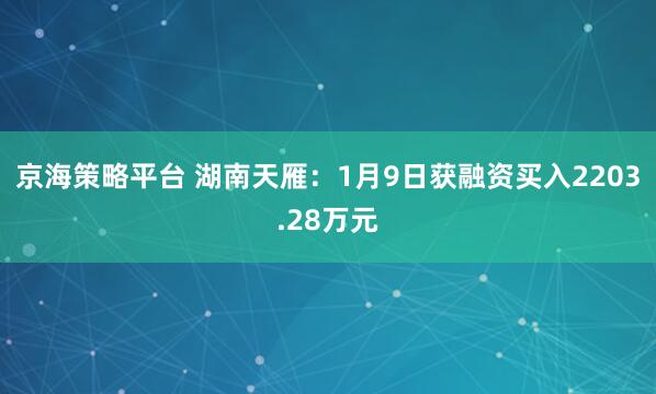 京海策略平台 湖南天雁：1月9日获融资买入2203.28万元